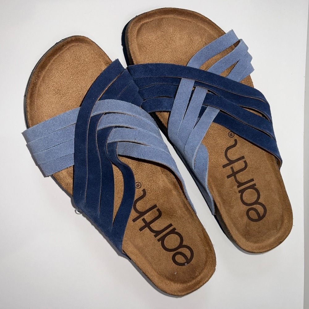 Earth Atlas Slide Sandals Women's 7.5M Blue Leather Comfort Footbed Arch Support
